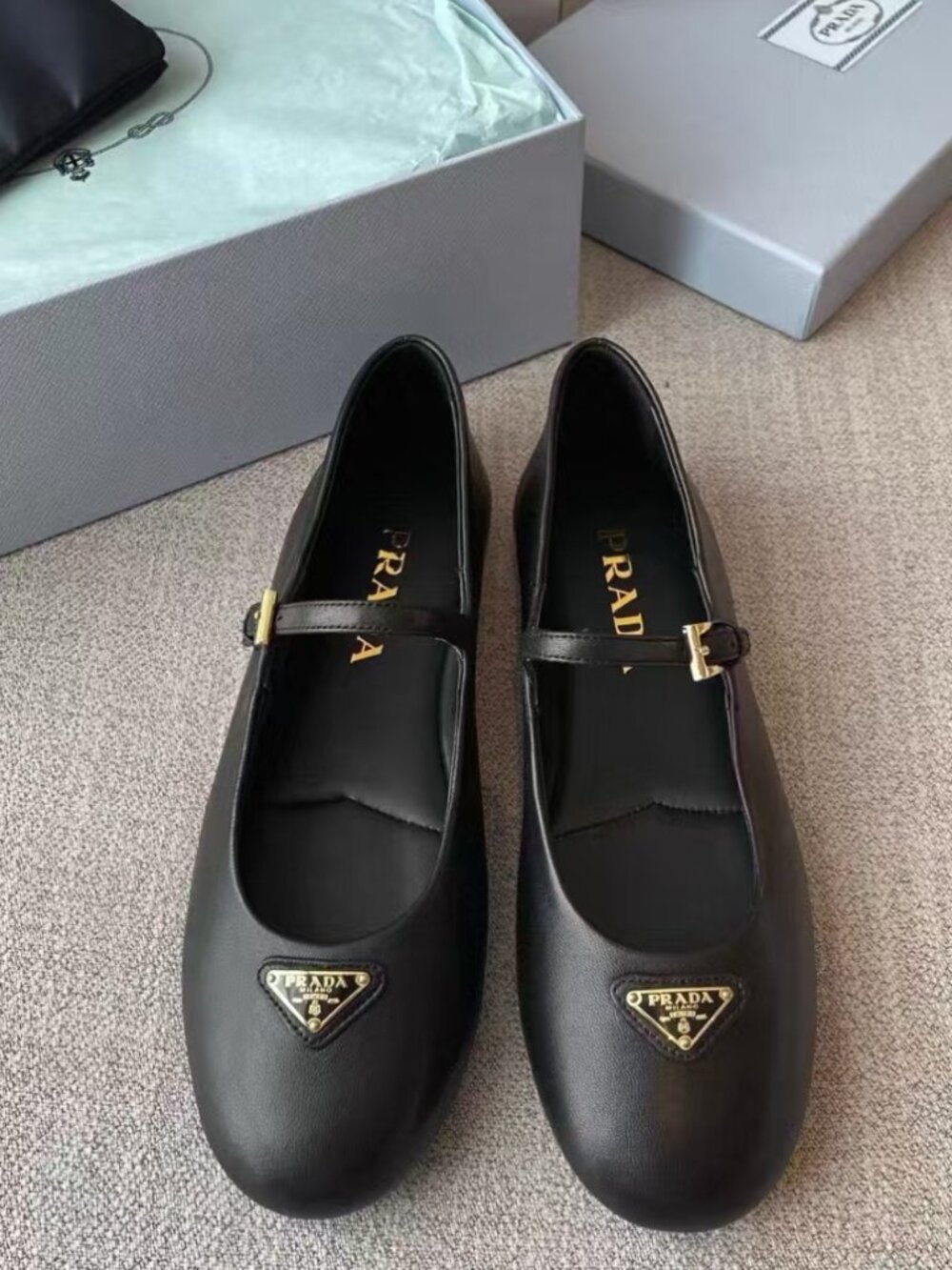 Prada Black Leather Strap Round Toe Ballerinas